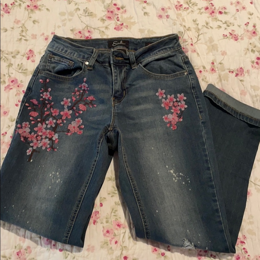 Earl Jean Cherry Blossom Embroidered Crop Jeans